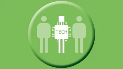 Groen pictogram van twee personen naast een figuur met chip en het woord ‘TECH’ in het midden.